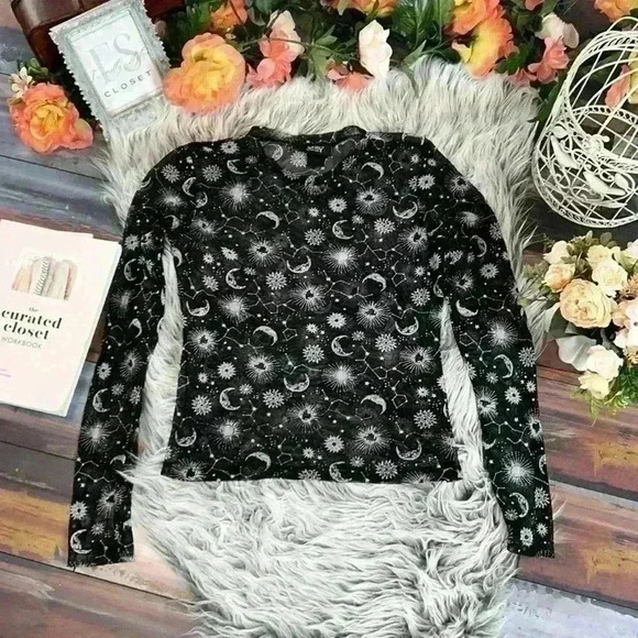 Just Polly Sheer Mesh Constellation Astrology Top Moon Star Print Long Sleeve, L - Picture 4 of 11